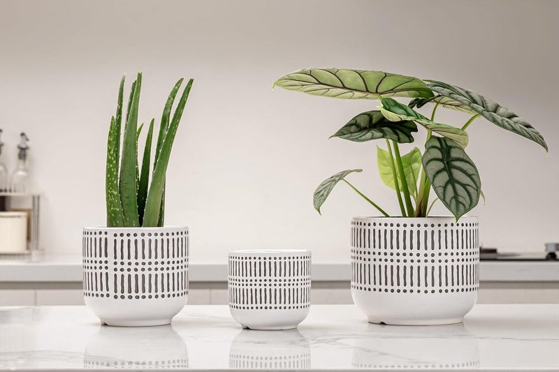 Docrin Store 3-Pack Ceramic Planters Set - 6.5"+5.3"+4" Dual-Tone Flower Pots with Drainage Holes, Modern Indoor Outdoor Planters for Succulents/Herbs/Large Plants, Home Office (Brownish Black & White) - Image 3